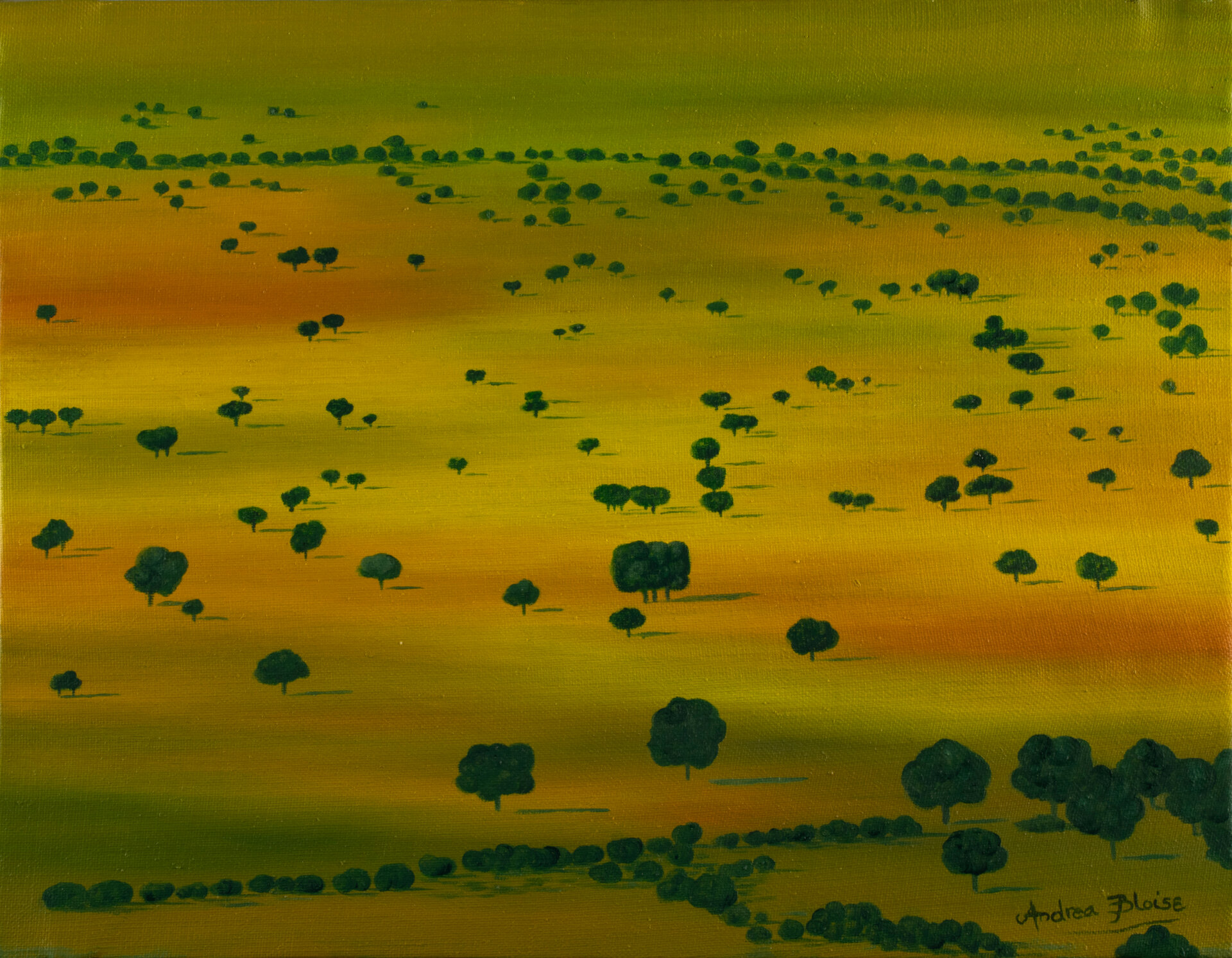 Andrea Bloise - Paseo de encinas. 2021. Óleo - lienzo. 27 x 35 cm