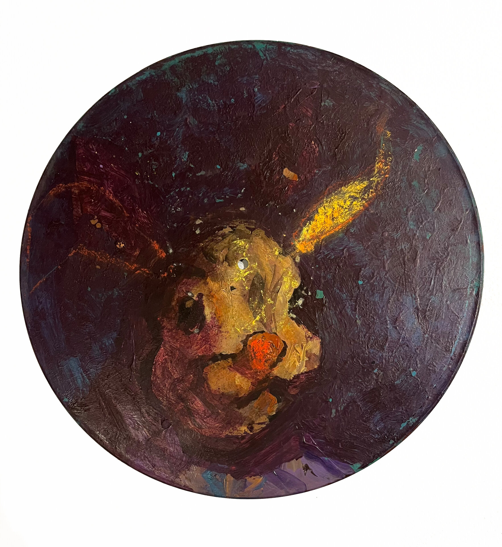 Sin titulo, Tecnica mixta sobre disco de vinilo, 30 cm de diametro