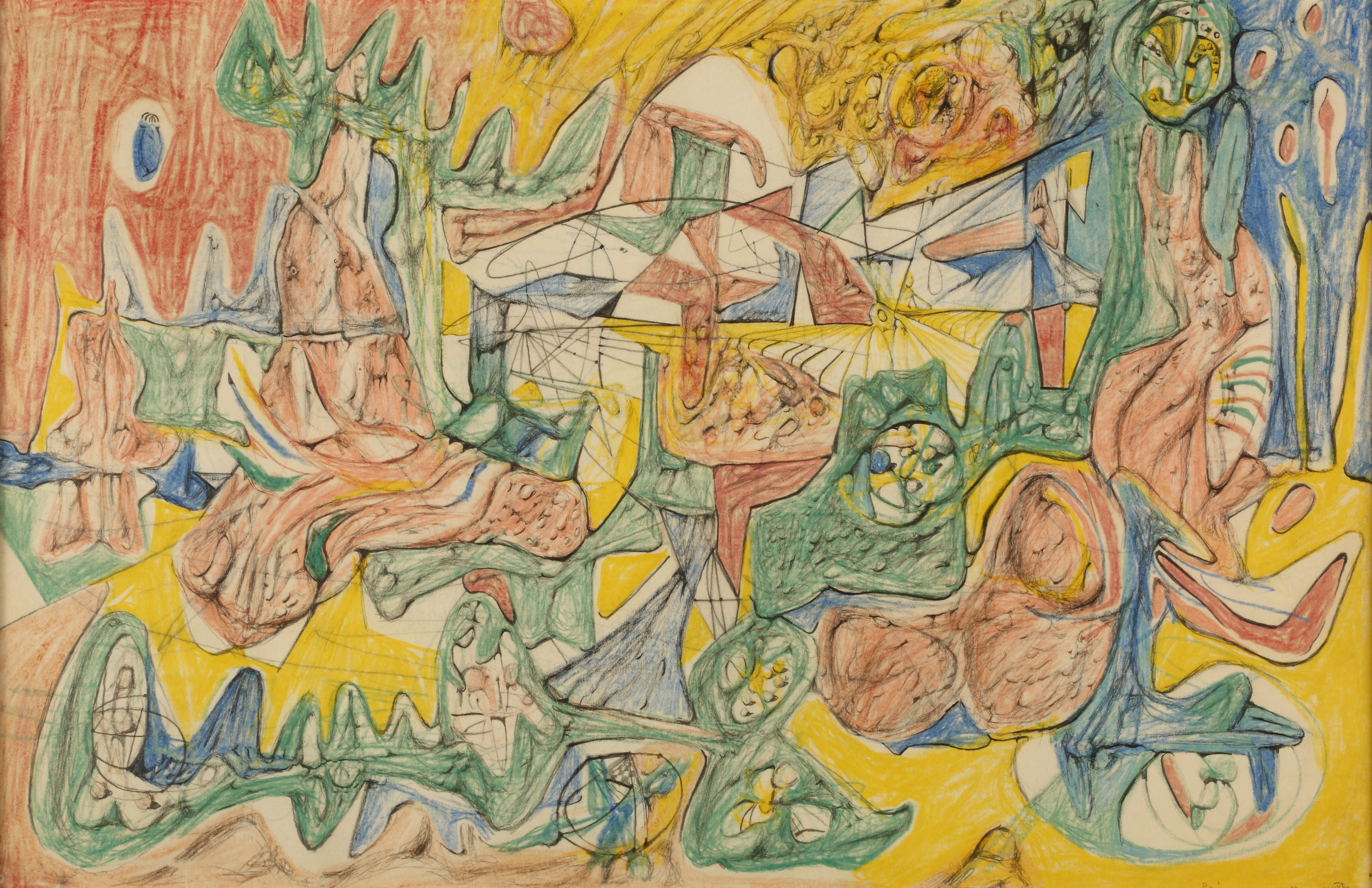 Roberto Matta (Chile, 1911 - Italia, 2002)
La composición con tonos verdes, 1939 
Lápiz de color y grafito sobre papel
Colección Malba