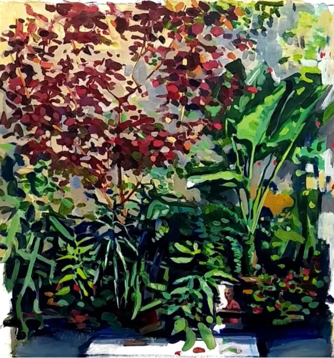 Pablo Noce
Autorretrato entre las plantas o diálogos con Lucian 
Óleo sobre tela 
70 x 60 cm
2024