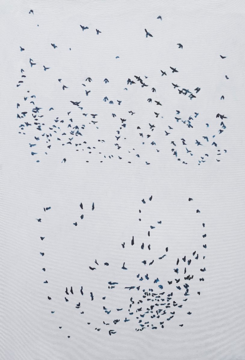 Pájaros en suspenso, 2026, Oleo sobre tela, 134 x 95 cm